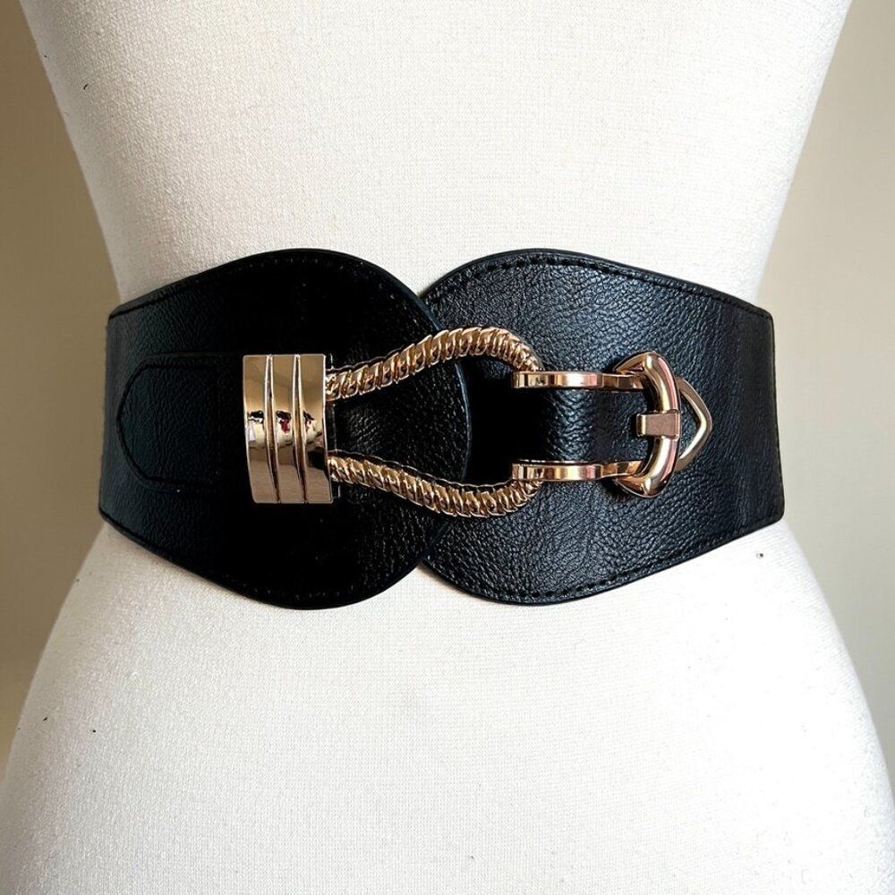 Wide Stretch Waist Belt – Black with Gold Clasp | Size: S/M/L